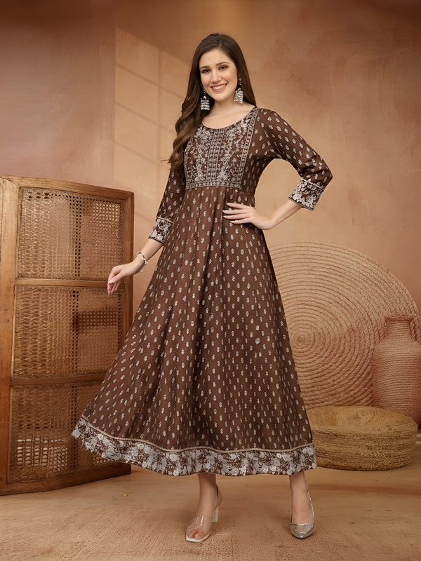 Stylum Women Brown Ethnic Motifs Printed & Embroidered Rayon Long Ethnic Dress (BROWNDION)