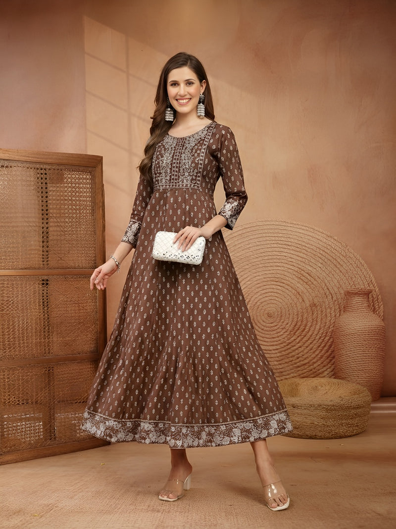 Stylum Women Brown Ethnic Motifs Printed & Embroidered Rayon Long Ethnic Dress (BROWNDION)