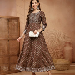 Stylum Women Brown Ethnic Motifs Printed & Embroidered Rayon Long Ethnic Dress (BROWNDION)