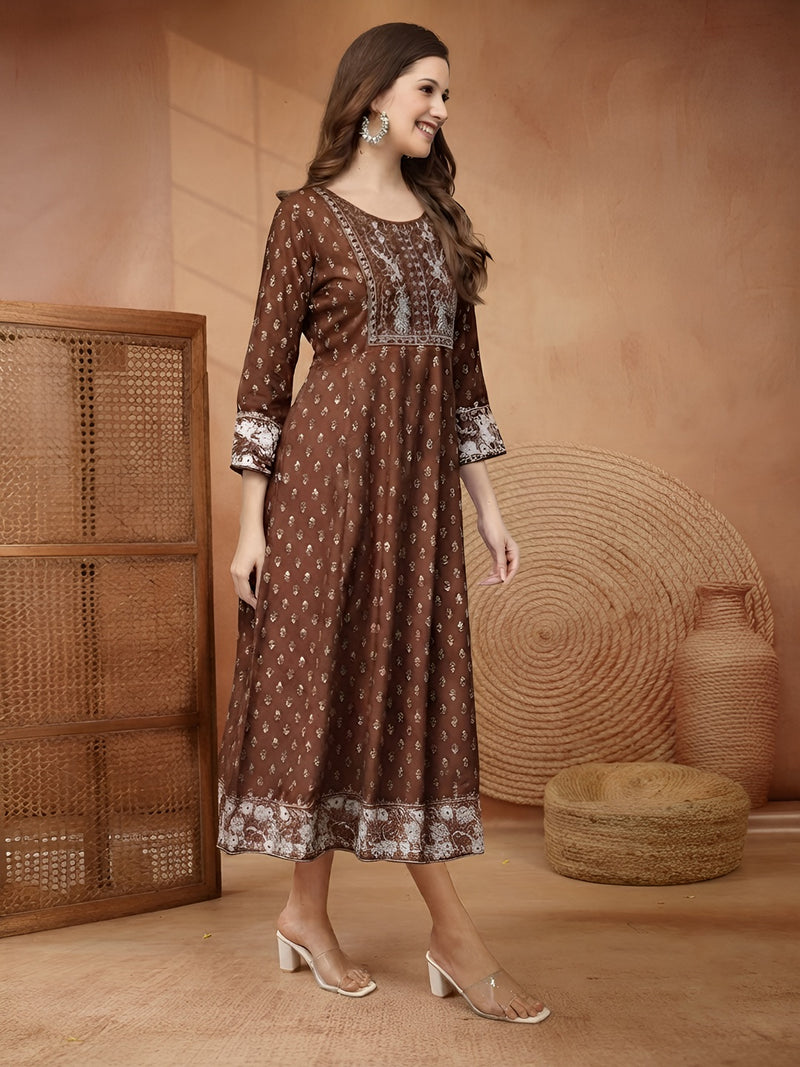 Stylum Women Brown Ethnic Motifs Printed & Embroidered Rayon Long Ethnic Dress (BROWNDION)