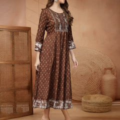 Stylum Women Brown Ethnic Motifs Printed & Embroidered Rayon Long Ethnic Dress (BROWNDION)