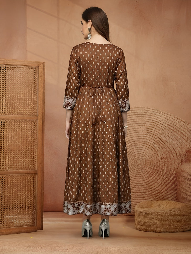 Stylum Women Brown Ethnic Motifs Printed & Embroidered Rayon Long Ethnic Dress (BROWNDION)