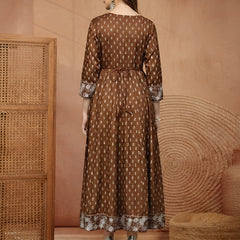 Stylum Women Brown Ethnic Motifs Printed & Embroidered Rayon Long Ethnic Dress (BROWNDION)