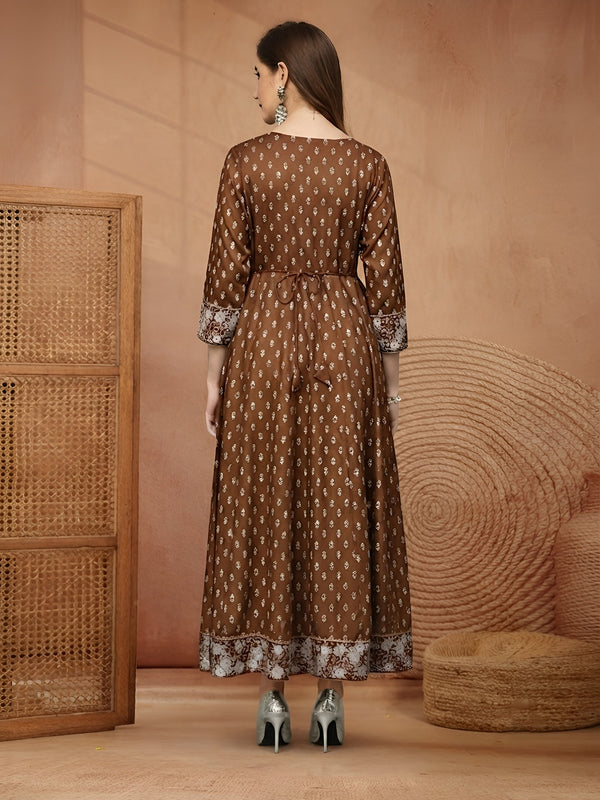 Stylum Women Brown Ethnic Motifs Printed & Embroidered Rayon Long Ethnic Dress (BROWNDION)