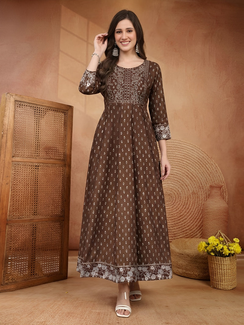 Stylum Women Brown Ethnic Motifs Printed & Embroidered Rayon Long Ethnic Dress (BROWNDION)