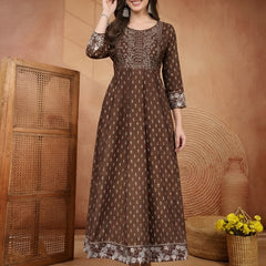 Stylum Women Brown Ethnic Motifs Printed & Embroidered Rayon Long Ethnic Dress (BROWNDION)