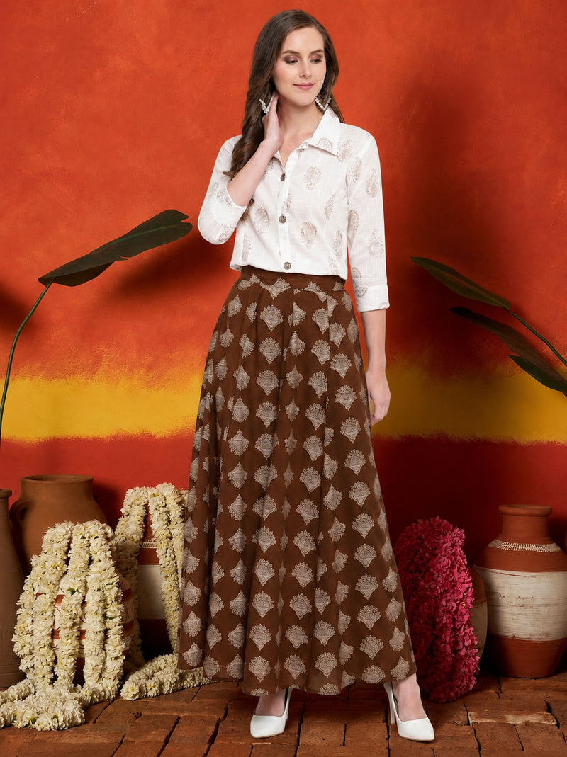 Stylum Women's Brown Gold Printed Rayon Slub Shirt Skirt Set (BROWNZOOMSKIRTSET)
