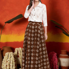 Stylum Women's Brown Gold Printed Rayon Slub Shirt Skirt Set (BROWNZOOMSKIRTSET)