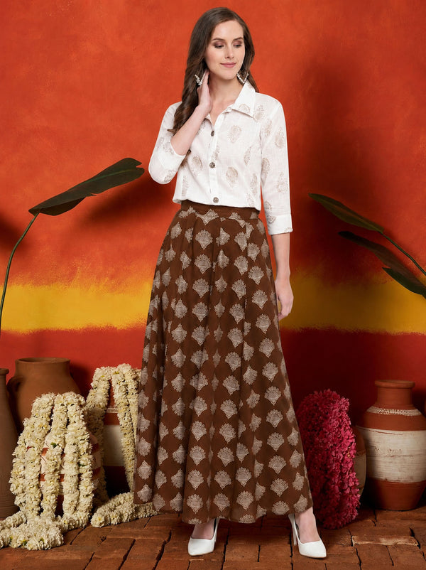 Stylum Women's Brown Gold Printed Rayon Slub Shirt Skirt Set (BROWNZOOMSKIRTSET)