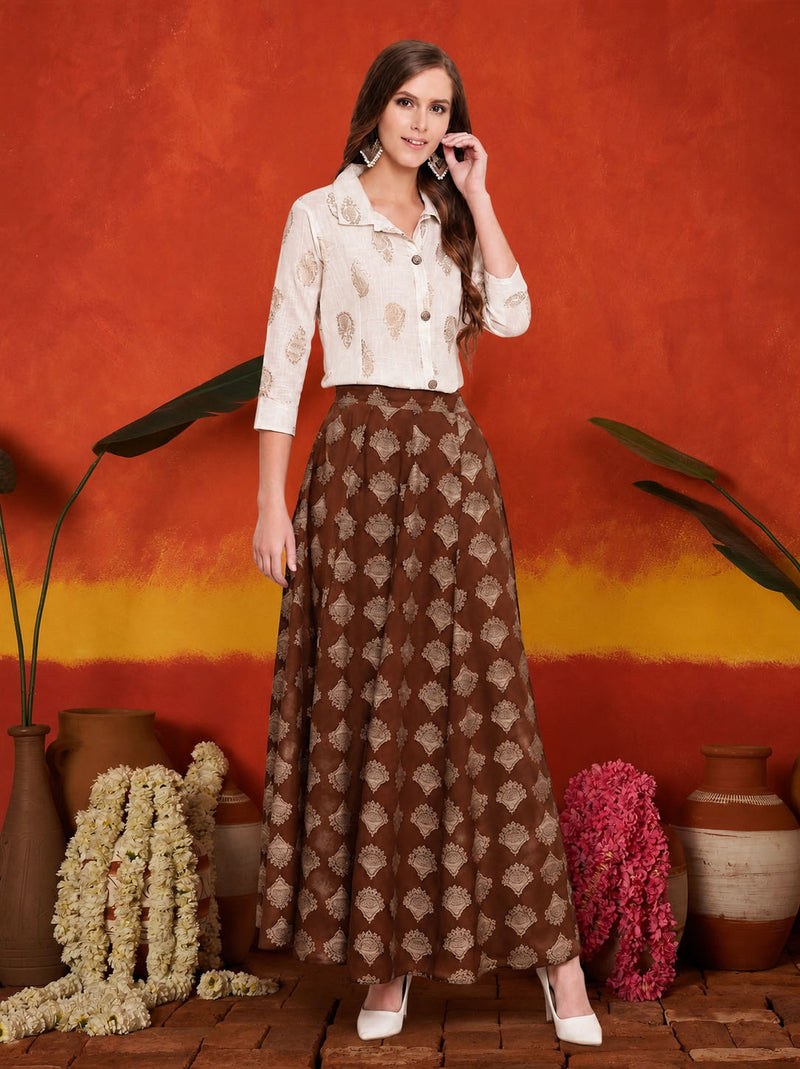 Stylum Women's Brown Gold Printed Rayon Slub Shirt Skirt Set (BROWNZOOMSKIRTSET)