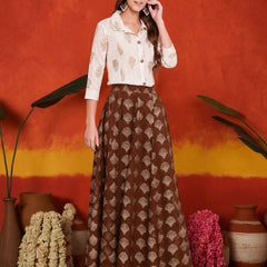 Stylum Women's Brown Gold Printed Rayon Slub Shirt Skirt Set (BROWNZOOMSKIRTSET)