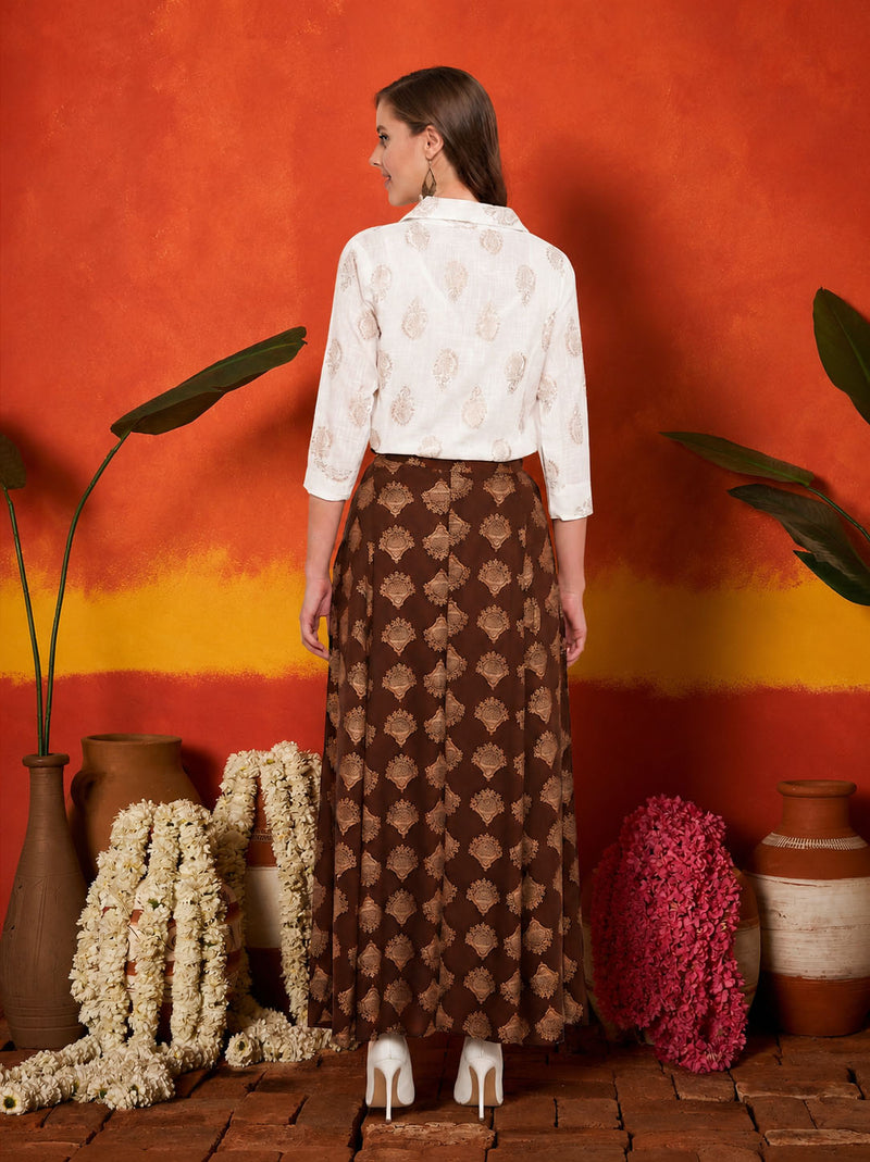 Stylum Women's Brown Gold Printed Rayon Slub Shirt Skirt Set (BROWNZOOMSKIRTSET)