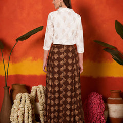 Stylum Women's Brown Gold Printed Rayon Slub Shirt Skirt Set (BROWNZOOMSKIRTSET)