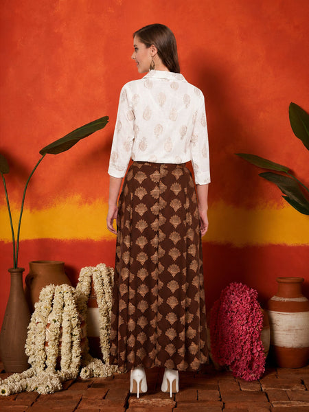 Stylum Women's Brown Gold Printed Rayon Slub Shirt Skirt Set (BROWNZOOMSKIRTSET)