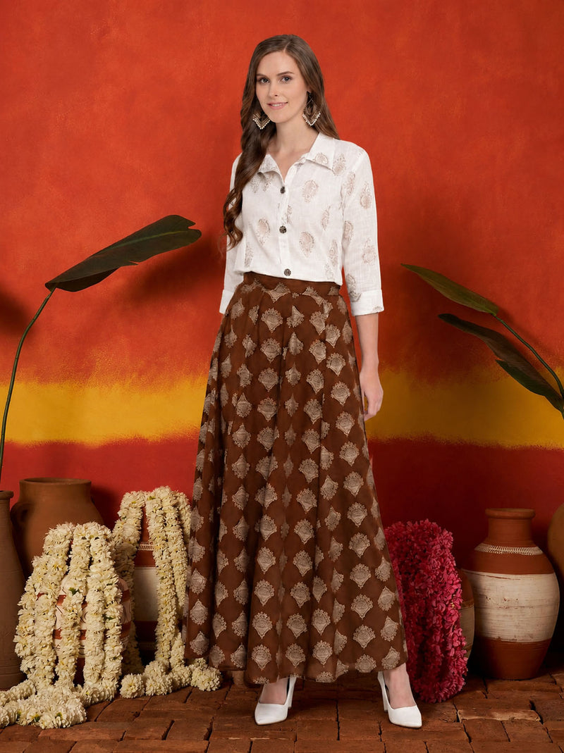 Stylum Women's Brown Gold Printed Rayon Slub Shirt Skirt Set (BROWNZOOMSKIRTSET)