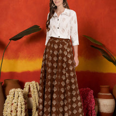 Stylum Women's Brown Gold Printed Rayon Slub Shirt Skirt Set (BROWNZOOMSKIRTSET)