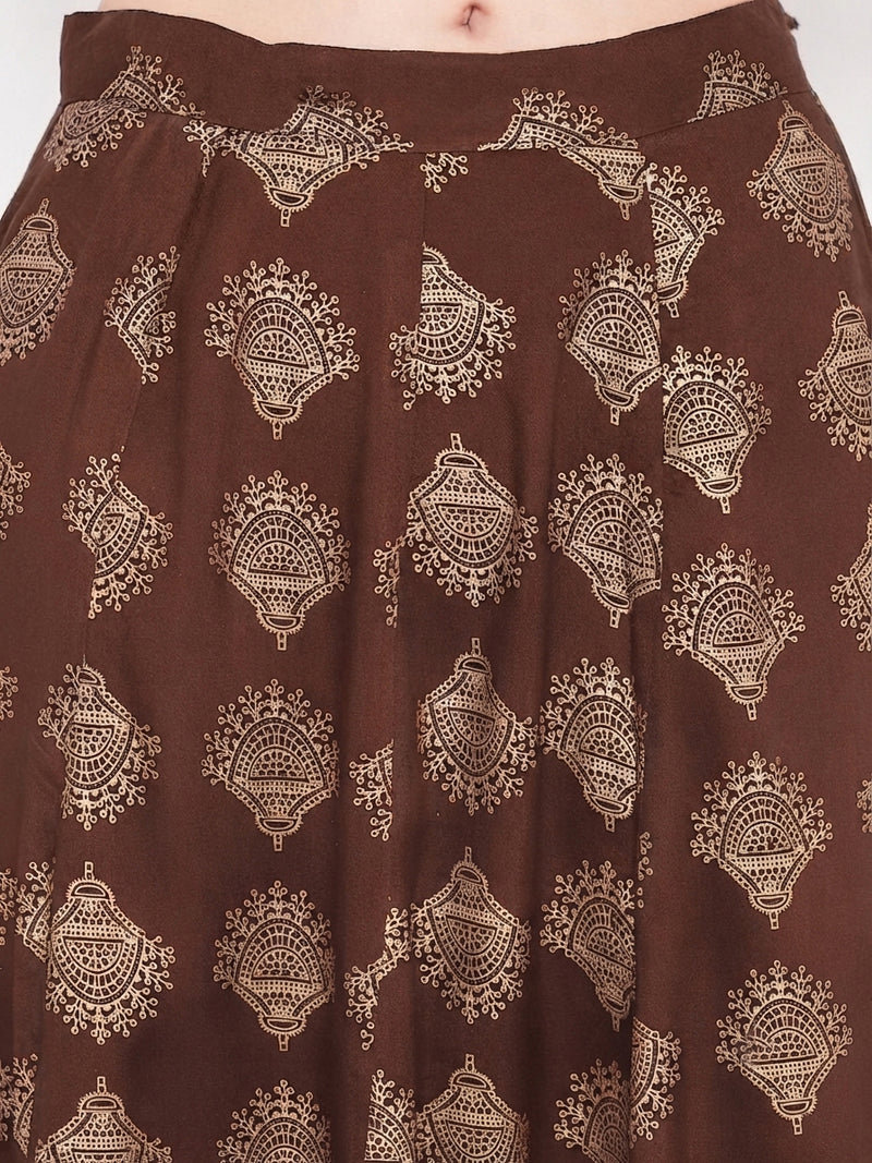Stylum Women's Brown Gold Printed Rayon Slub Shirt Skirt Set (BROWNZOOMSKIRTSET)