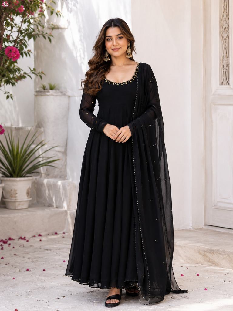 Midnight Black Embellished Anarkali Suit Set for Women