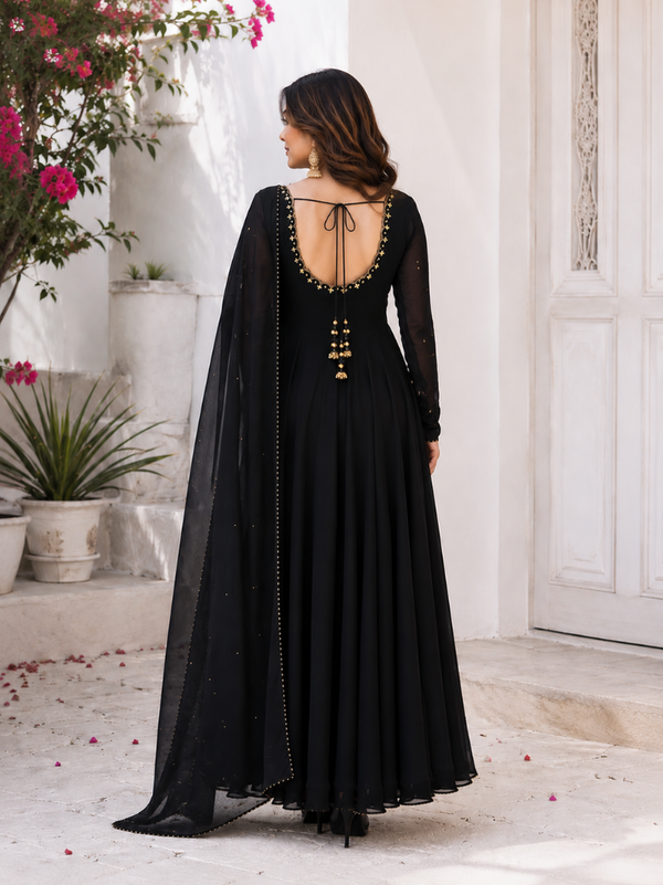 Midnight Black Embellished Anarkali Suit Set for Women