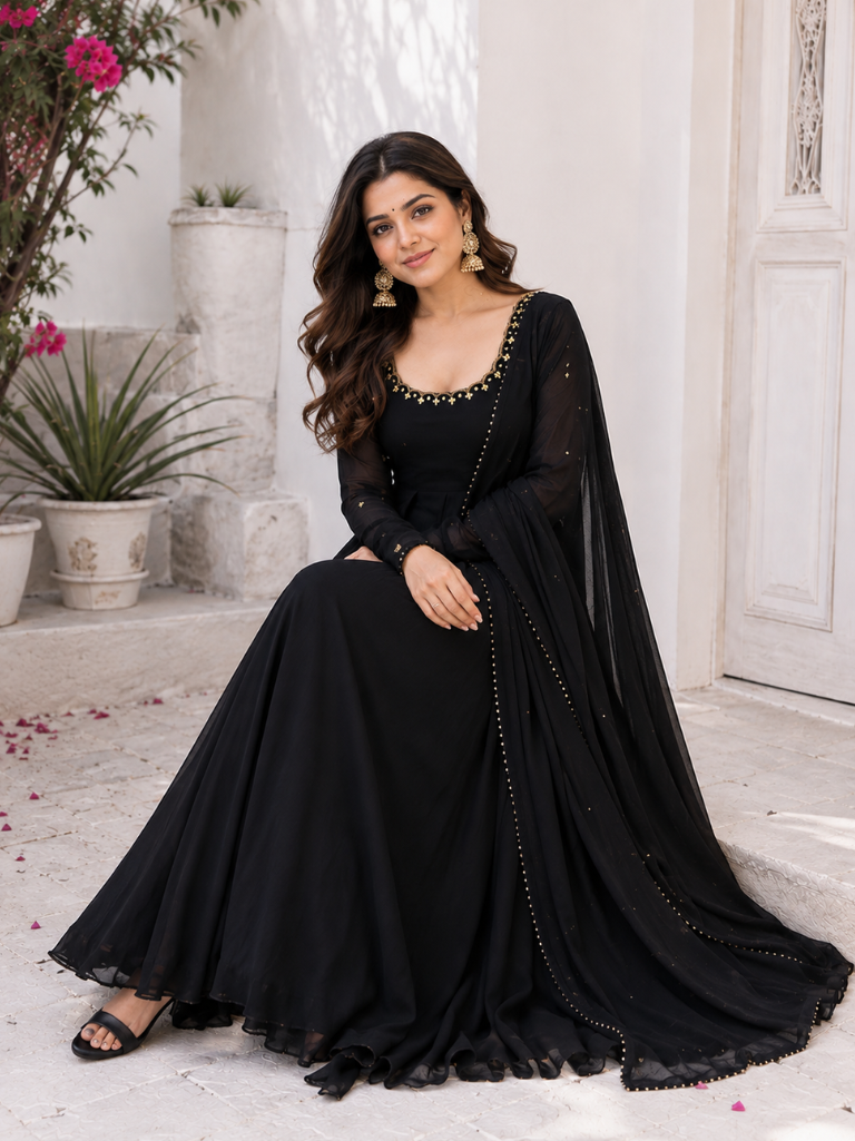 Midnight Black Embellished Anarkali Suit Set for Women