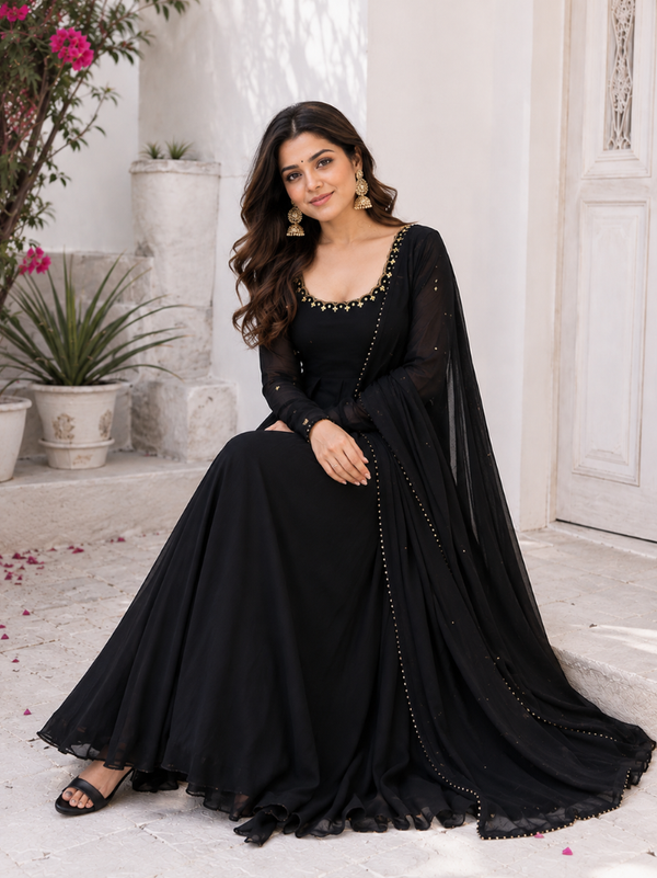 Midnight Black Embellished Anarkali Suit Set for Women
