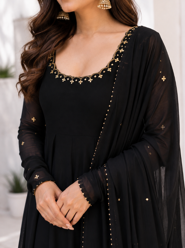 Midnight Black Embellished Anarkali Suit Set for Women