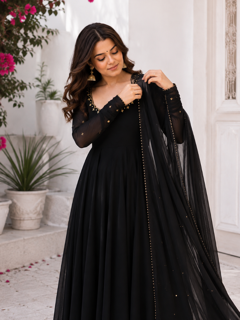 Midnight Black Embellished Anarkali Suit Set for Women