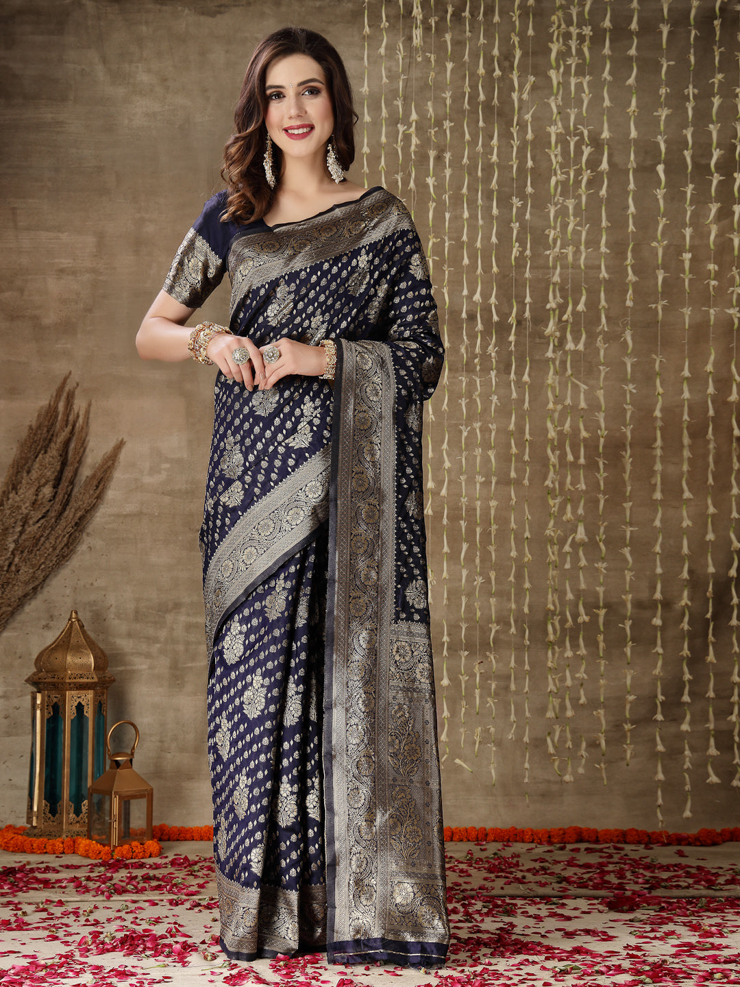 Stylum Women's Ethnic Motifs Woven Design Zari Silk Blend Banarasi Saree (Bluedeken)