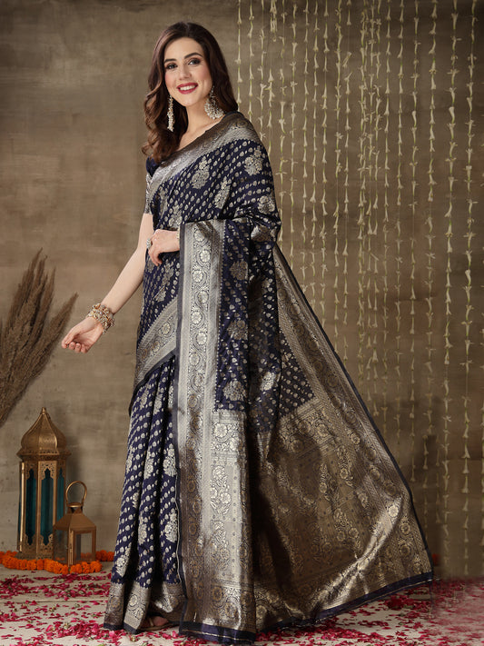 Stylum Women's Ethnic Motifs Woven Design Zari Silk Blend Banarasi Saree (Bluedeken)