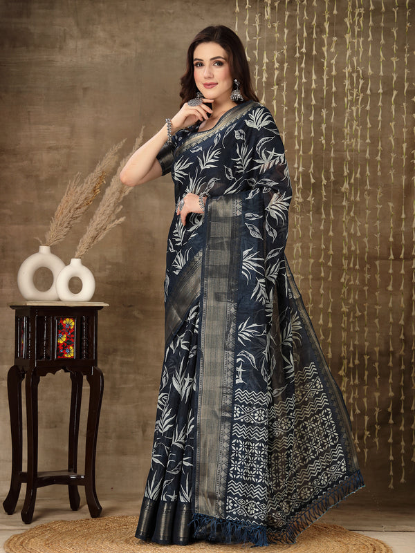 Stylum Women's Paisley Print Cotton Blend Saree (Bluepetal)
