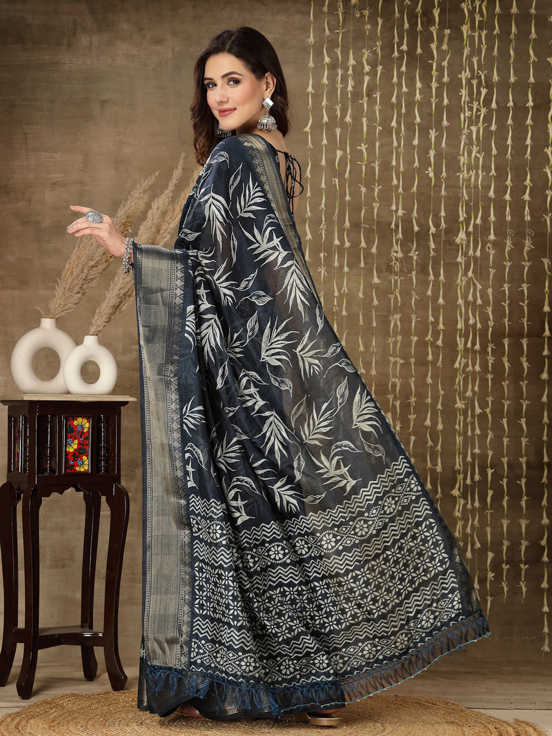 Stylum Women's Paisley Print Cotton Blend Saree (Bluepetal)