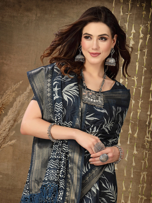 Stylum Women's Paisley Print Cotton Blend Saree (Bluepetal)