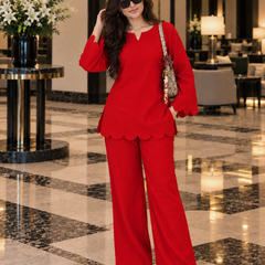 Red Scalloped Rayon Co-Ord Set (KPREDPOLAR)