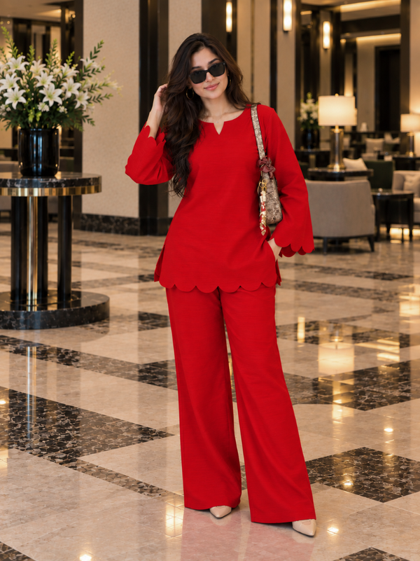 Red Scalloped Rayon Co-Ord Set (KPREDPOLAR)