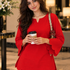Red Scalloped Rayon Co-Ord Set (KPREDPOLAR)
