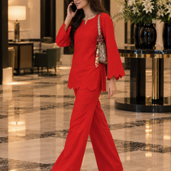 Red Scalloped Rayon Co-Ord Set (KPREDPOLAR)