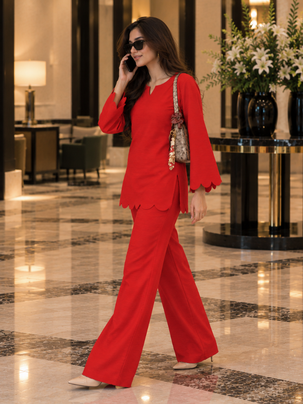 Red Scalloped Rayon Co-Ord Set (KPREDPOLAR)