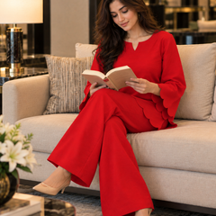 Red Scalloped Rayon Co-Ord Set (KPREDPOLAR)