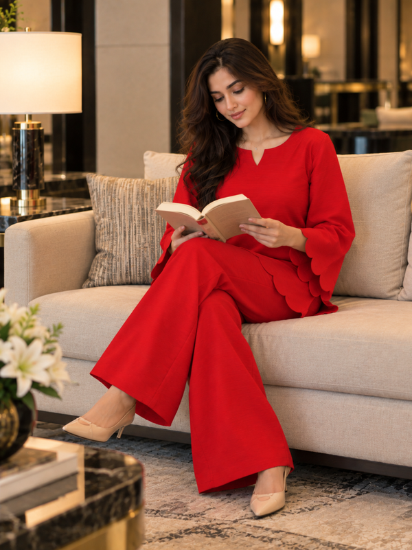 Red Scalloped Rayon Co-Ord Set (KPREDPOLAR)