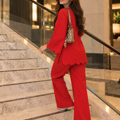 Red Scalloped Rayon Co-Ord Set (KPREDPOLAR)