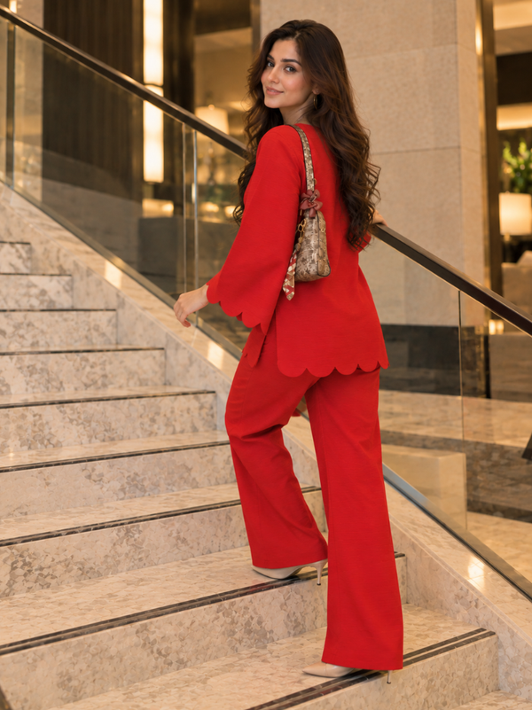 Red Scalloped Rayon Co-Ord Set (KPREDPOLAR)