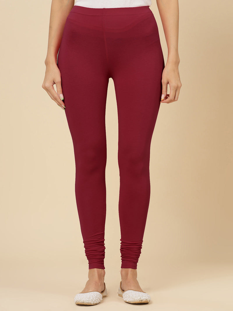 Stylum Women's Solid Mid Rise Cotton Lycra Churidar Leggings (CHURIDAR_MAROON)
