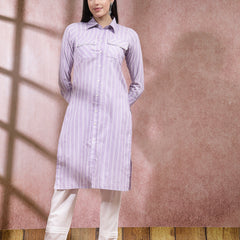 Stylum Women's Woven Striped Cotton Blend Straight Kurta (CLASSYLAVENDER)