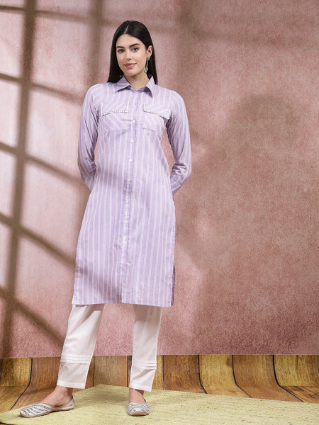Stylum Women's Woven Striped Cotton Blend Straight Kurta (CLASSYLAVENDER)