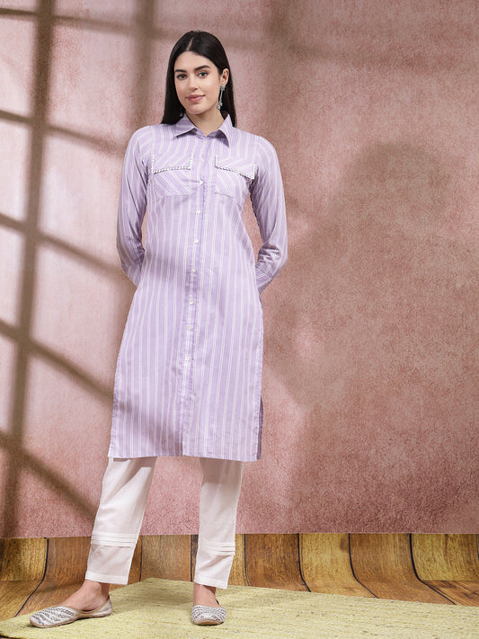 Stylum Women's Woven Striped Cotton Blend Straight Kurta (CLASSYLAVENDER)