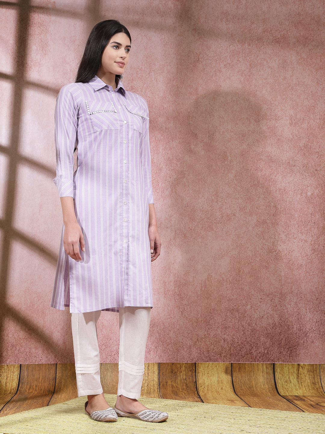 Stylum Women's Woven Striped Cotton Blend Straight Kurta (CLASSYLAVENDER)