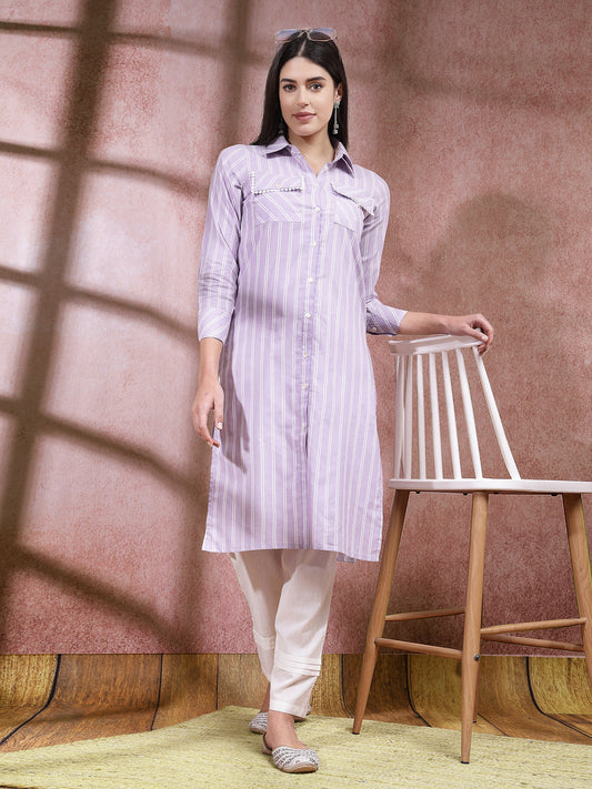 Stylum Women's Woven Striped Cotton Blend Straight Kurta (CLASSYLAVENDER)