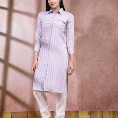 Stylum Women's Woven Striped Cotton Blend Straight Kurta (CLASSYLAVENDER)