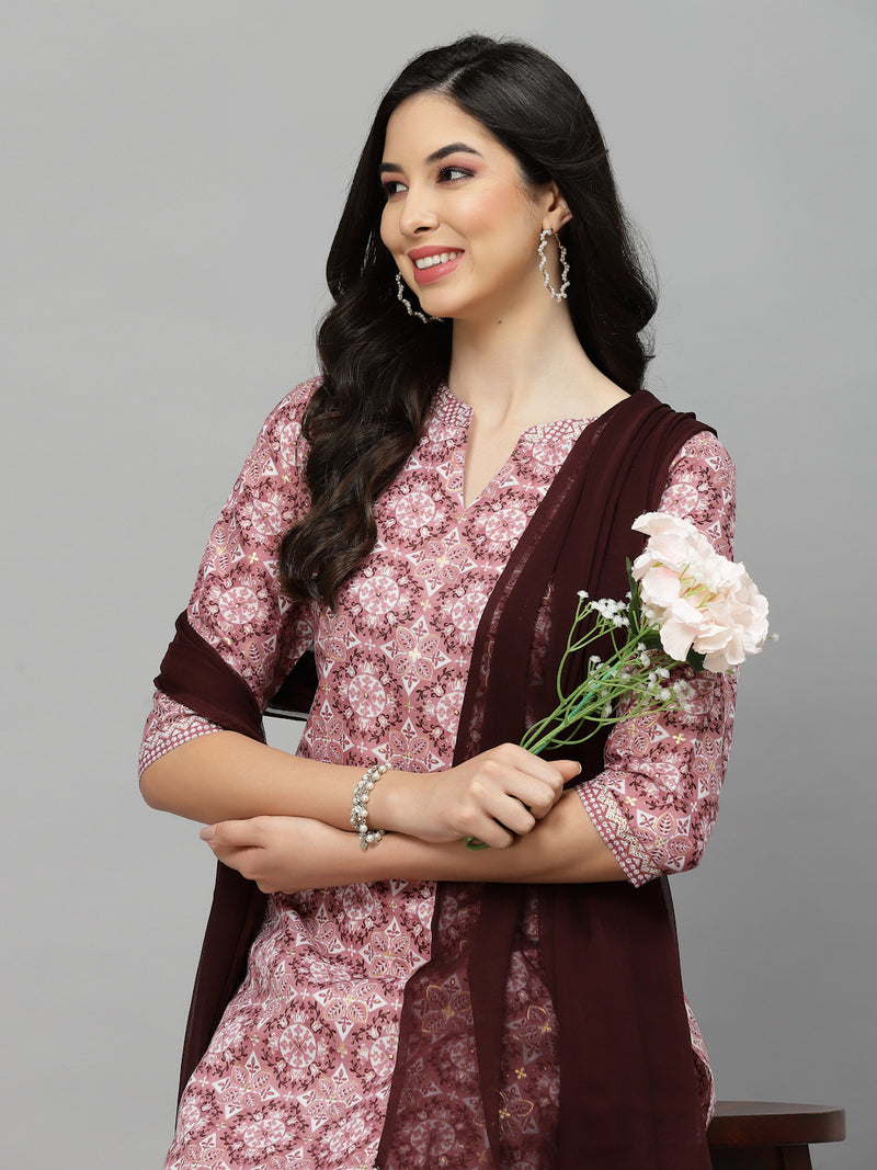 Stylum Women's Printed Cotton Blend Kurta Pant Dupatta Set (COLINMAUVE)