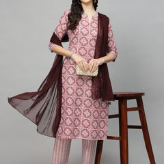 Stylum Women's Printed Cotton Blend Kurta Pant Dupatta Set (COLINMAUVE)